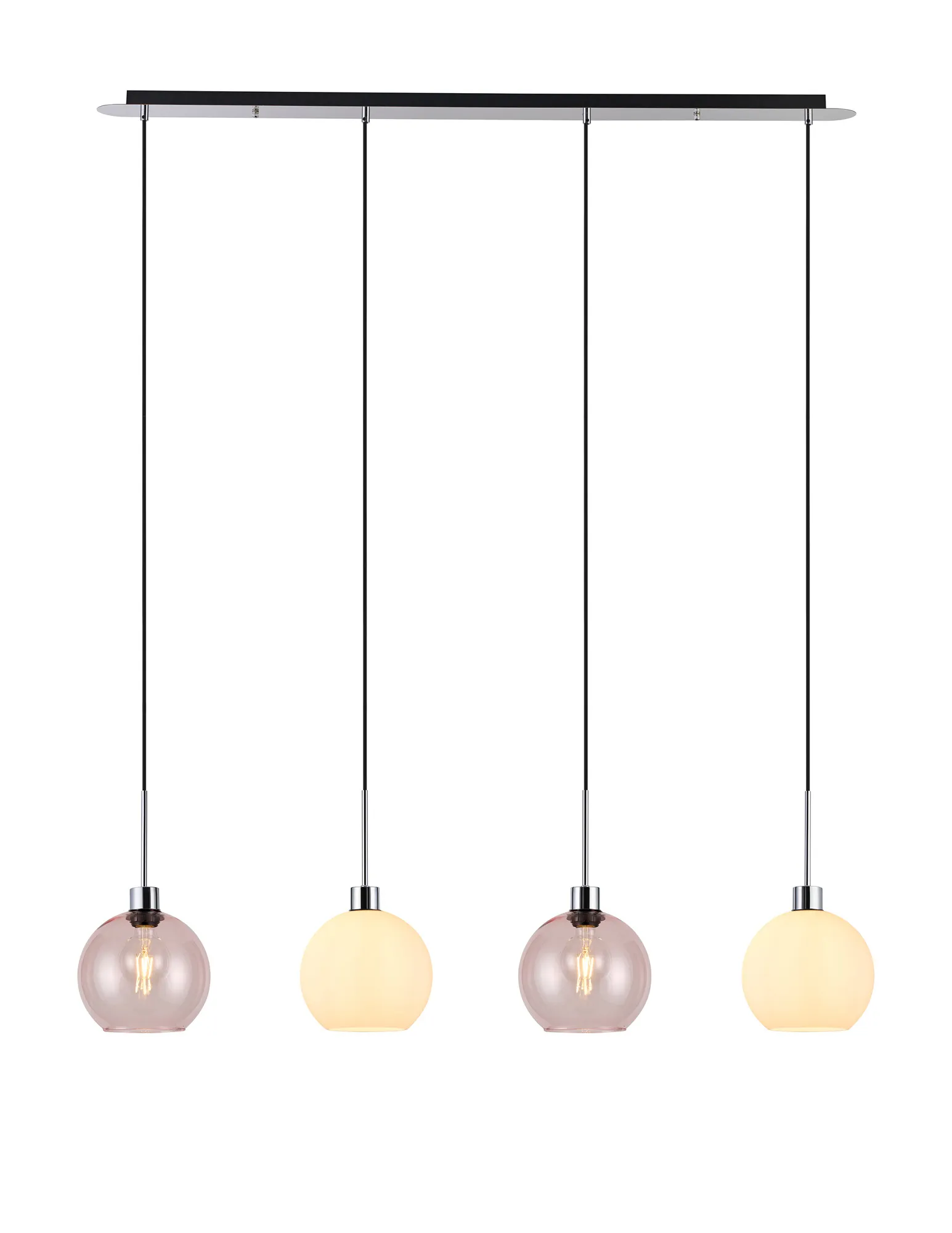 DK1323  Lori Linear Pendant, 4 Light Adjustable E27, Polished Chrome/Opal/Pink Open Mouth Round Globe Shades